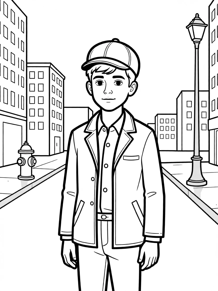 Holden Caulfield from "Catcher in the Rye" wearing his red hunting cap in New York