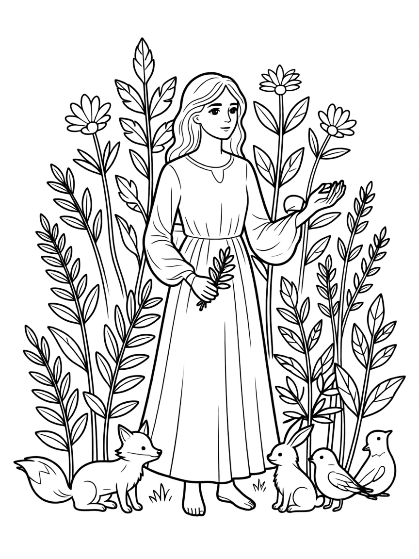 Circe from Madeline Miller's novel surrounded by her magical herbs and animals