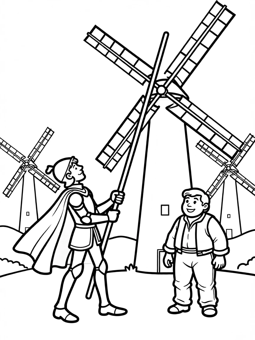 Don Quixote tilting at windmills with Sancho Panza watching