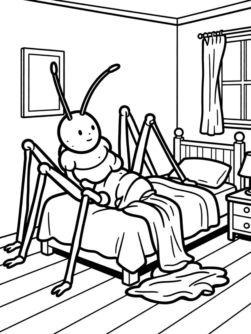 Gregor Samsa transformed into a giant insect in his bedroom