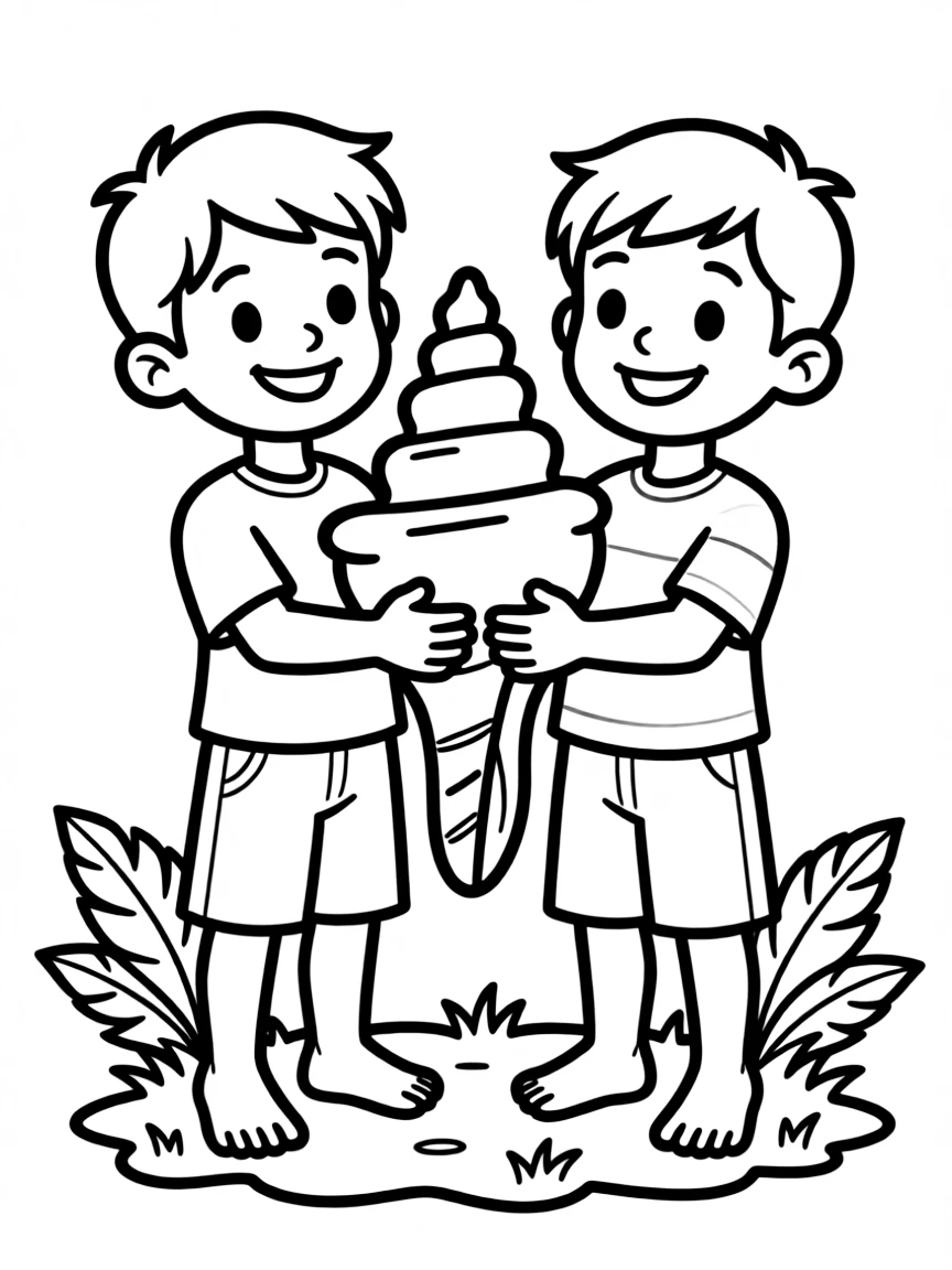 Jack and Ralph from "Lord of the Flies" with the conch shell