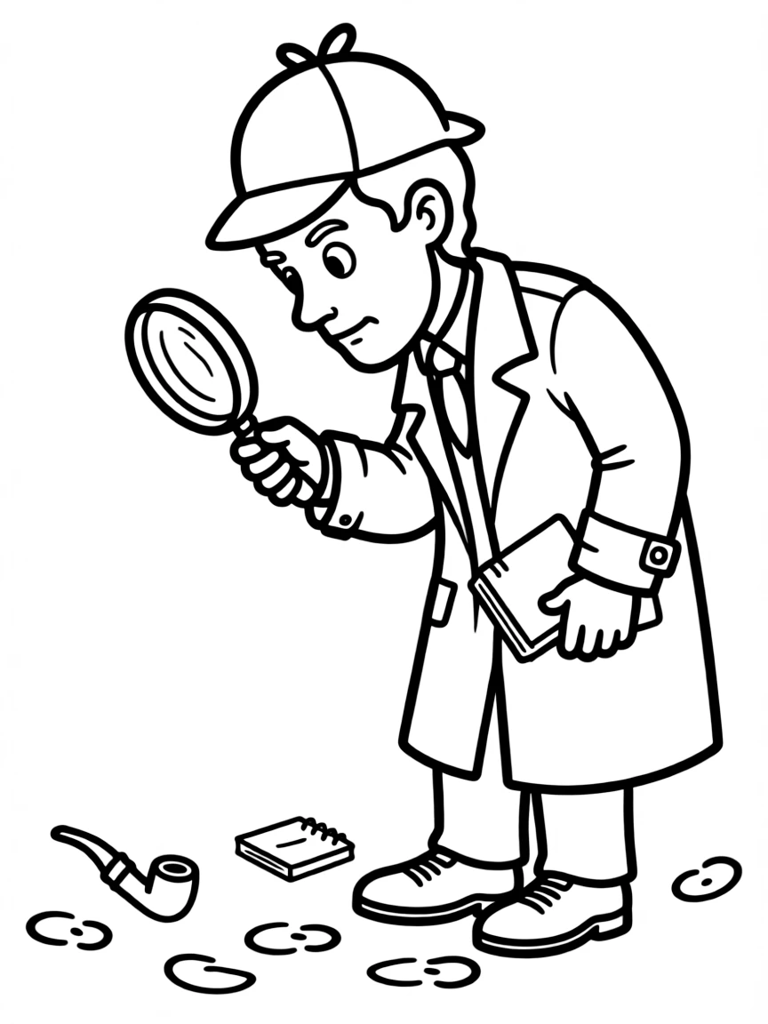 Sherlock Holmes with his deerstalker hat examining clues