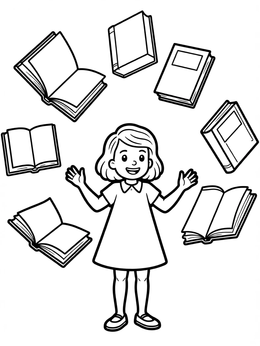 Matilda Wormwood surrounded by floating books
