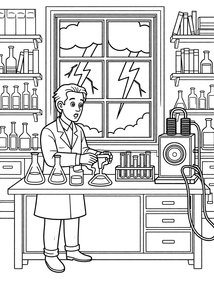 Victor Frankenstein in his laboratory with lightning