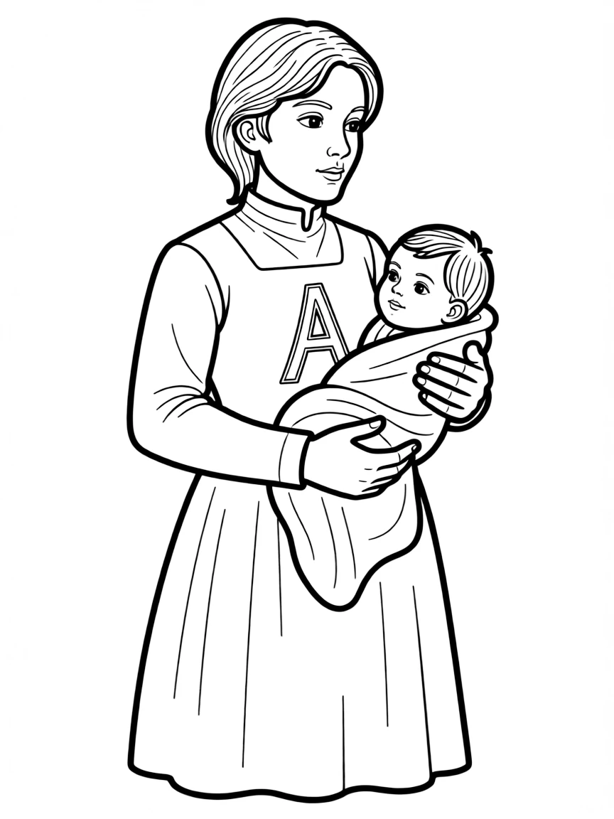Hester Prynne with baby Pearl and the scarlet 'A'