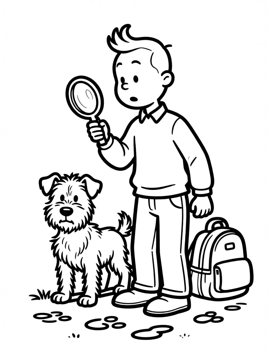 Tintin with his quiff hairstyle and Snowy the dog investigating