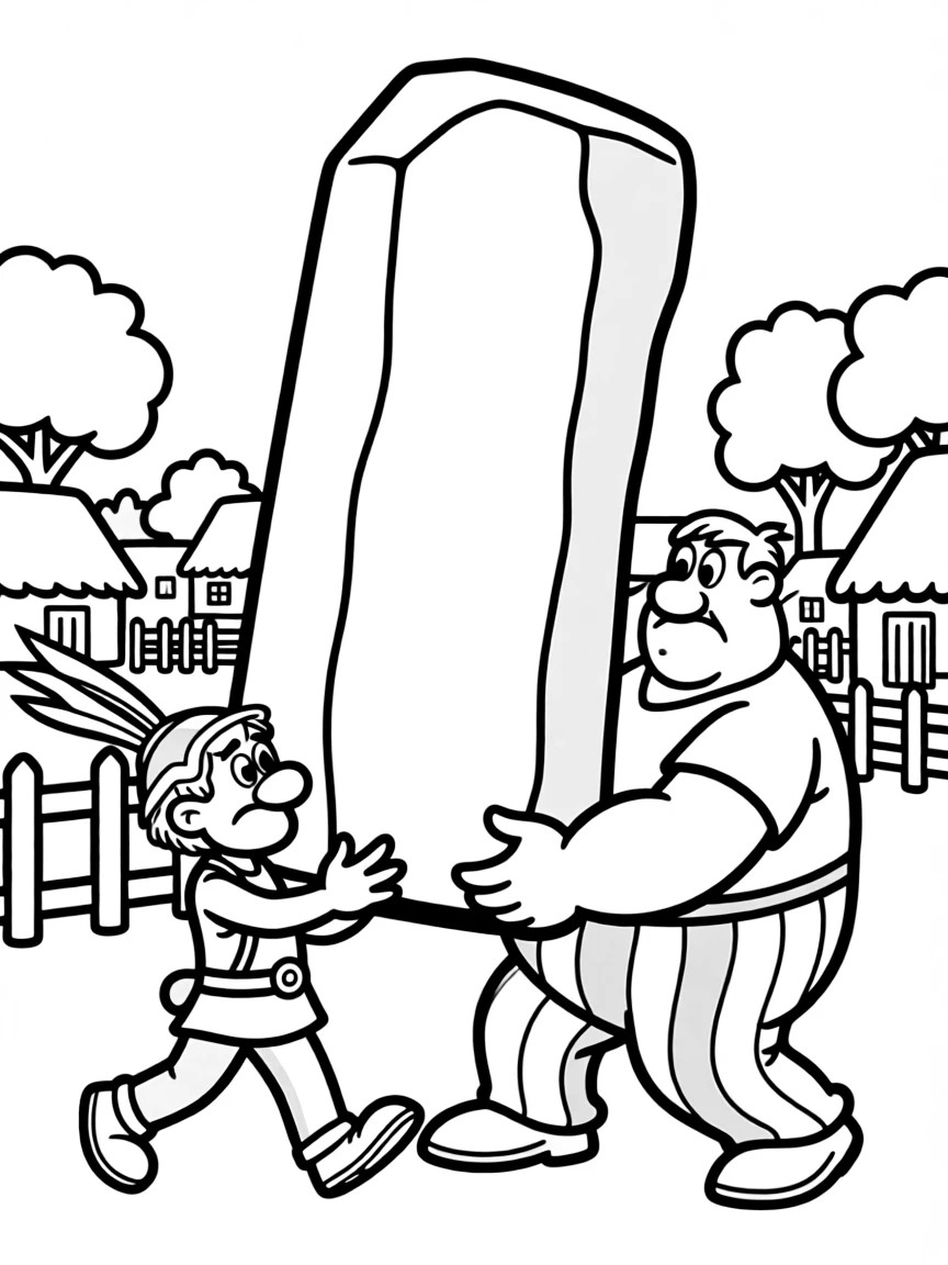Asterix and Obelix carrying a menhir through their Gaulish village
