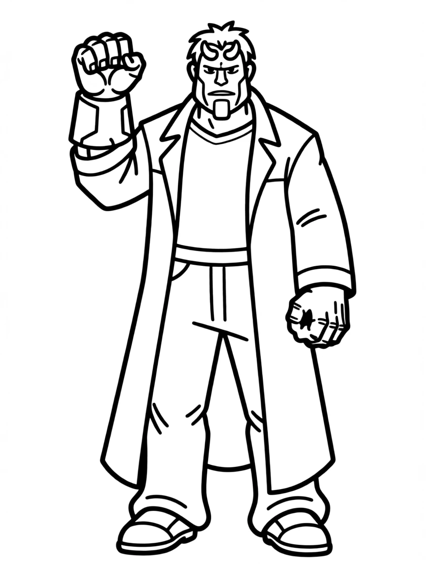 Hellboy with his stone hand and filed-down horns