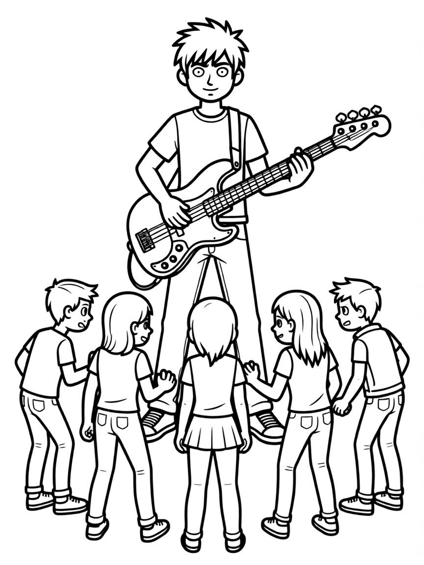 Scott Pilgrim playing bass guitar facing the evil exes