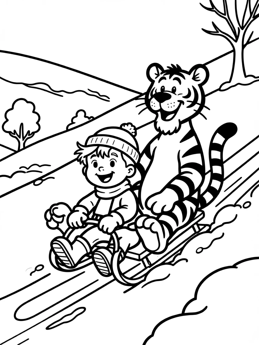 Calvin and Hobbes sledding down a snowy hill