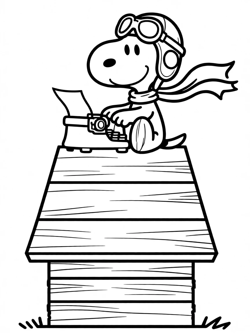Snoopy typing on his doghouse as the World War I Flying Ace