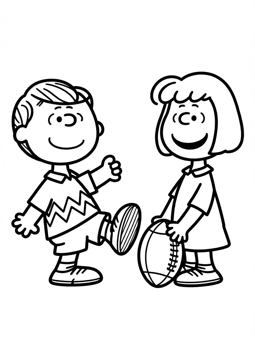Charlie Brown kicking at a football held by Lucy