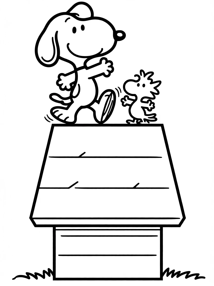 Snoopy dancing with Woodstock on his doghouse
