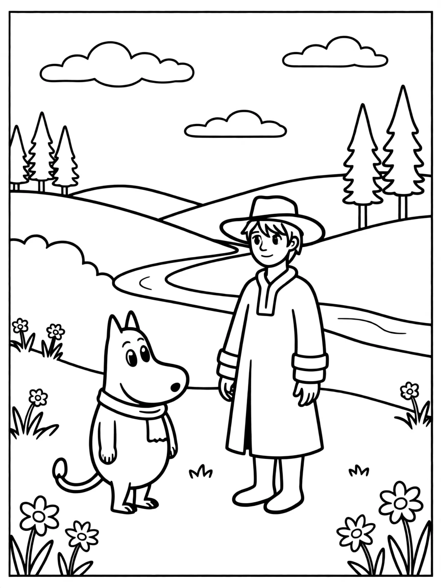 Moomintroll and Snufkin from "Moomin" in their valley