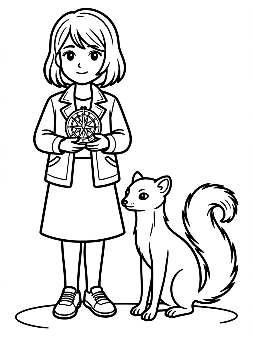 Lyra Belacqua with her alethiometer and daemon Pantalaimon