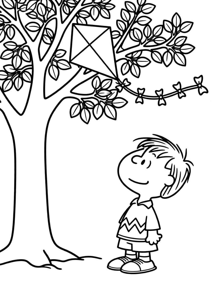 Charlie Brown with his kite tangled in a tree
