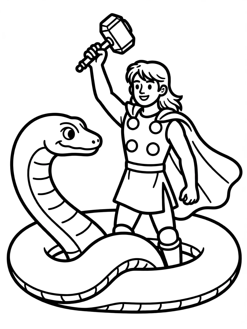 Thor with Mjölnir facing Jörmungandr the World Serpent