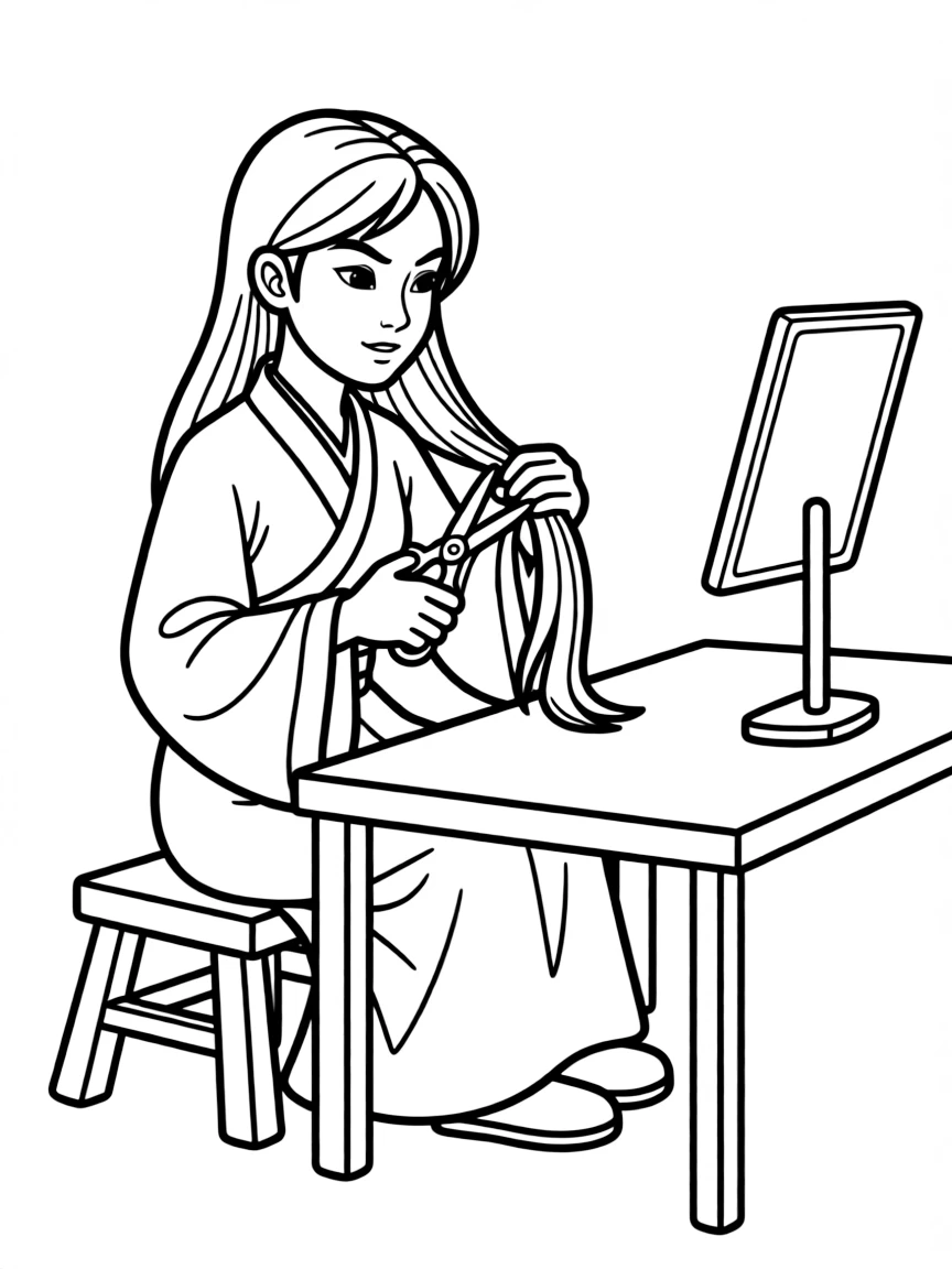 Mulan cutting her hair to disguise herself as a man