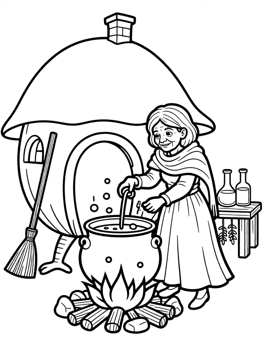 Baba Yaga in her chicken-legged hut brewing potions