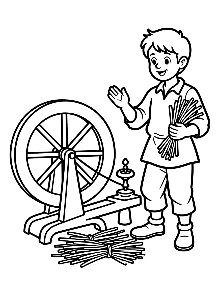Rumpelstiltskin spinning straw into gold beside a spinning wheel