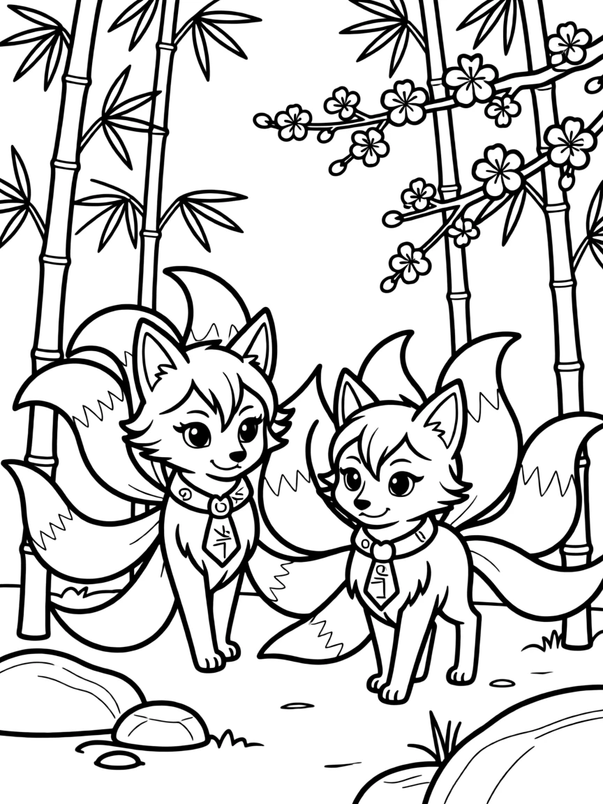 Kitsune fox spirits with multiple tails in a Japanese forest