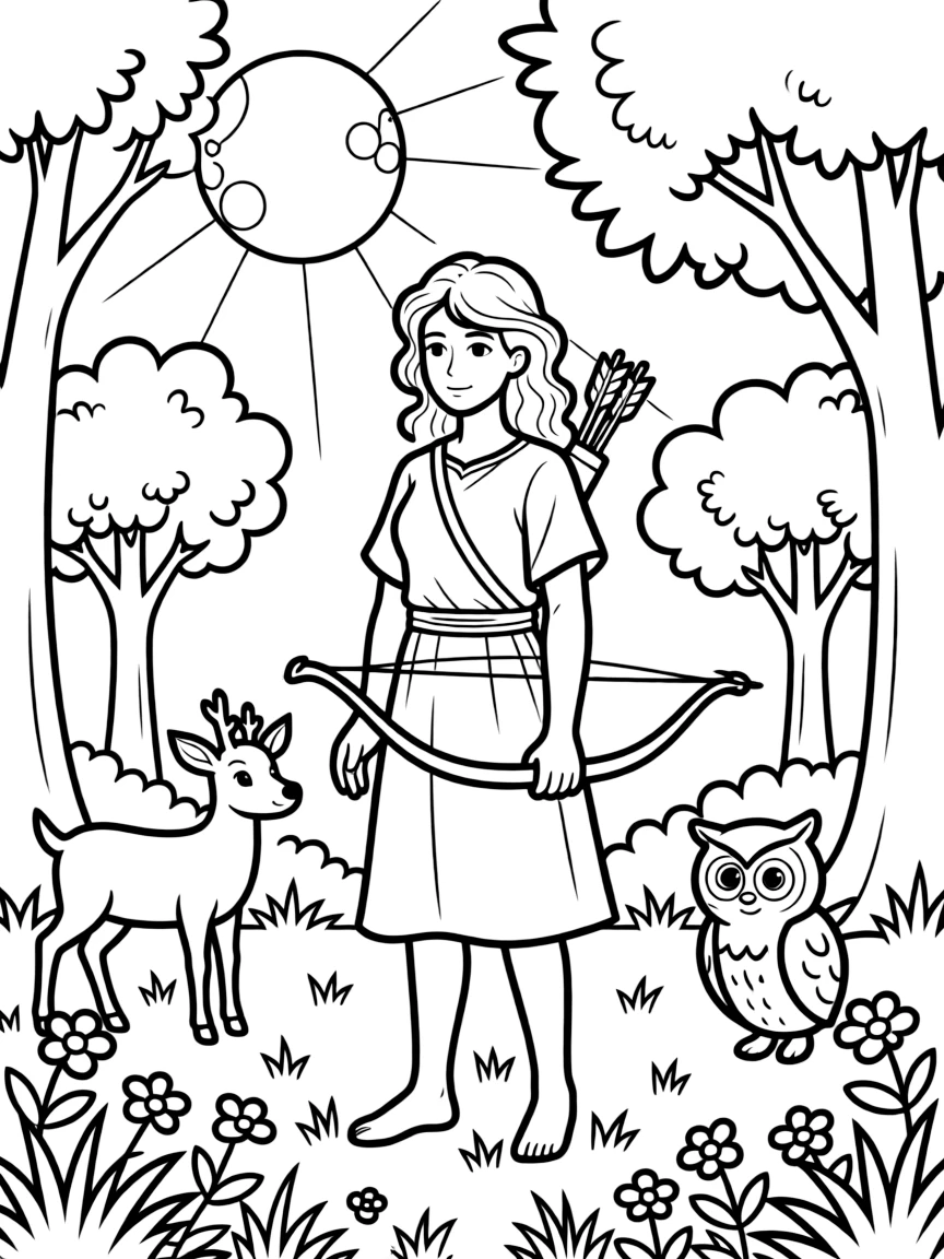 Artemis/Diana with her bow hunting in the moonlight