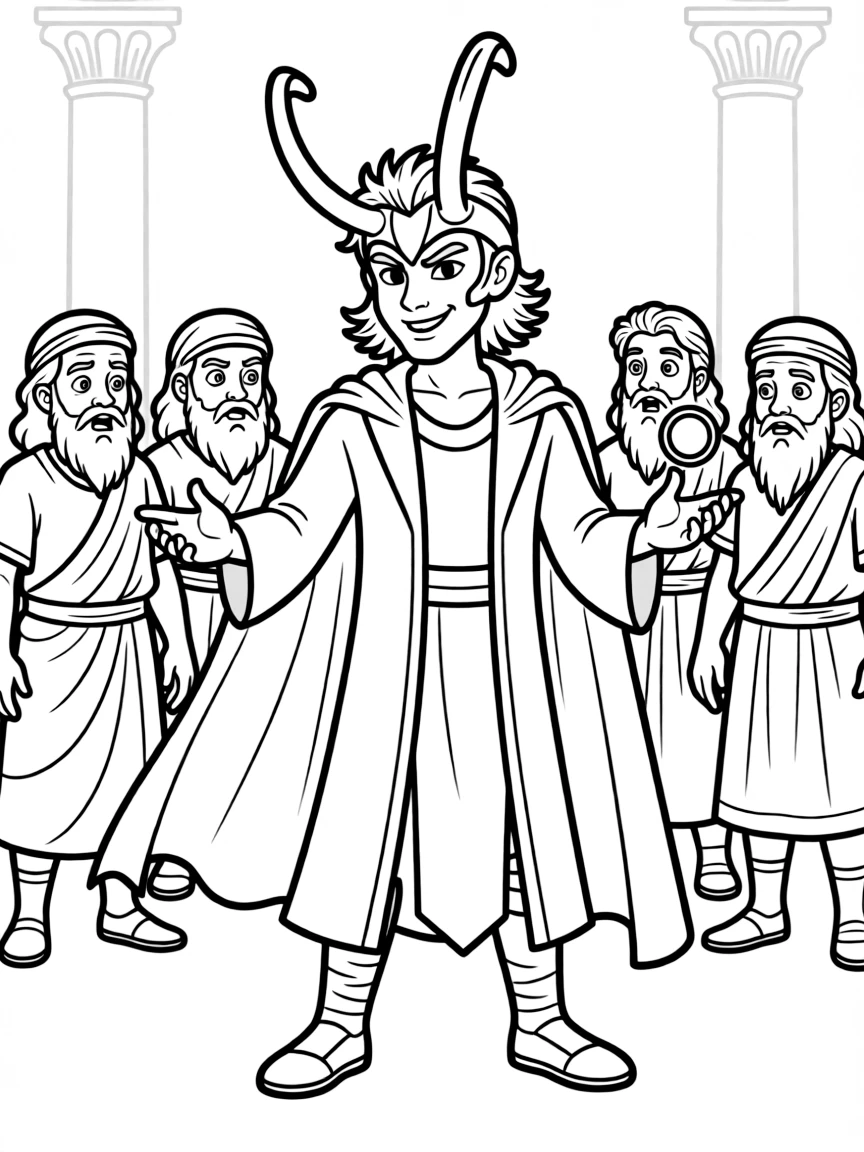 Loki tricking the gods with mischievous grin