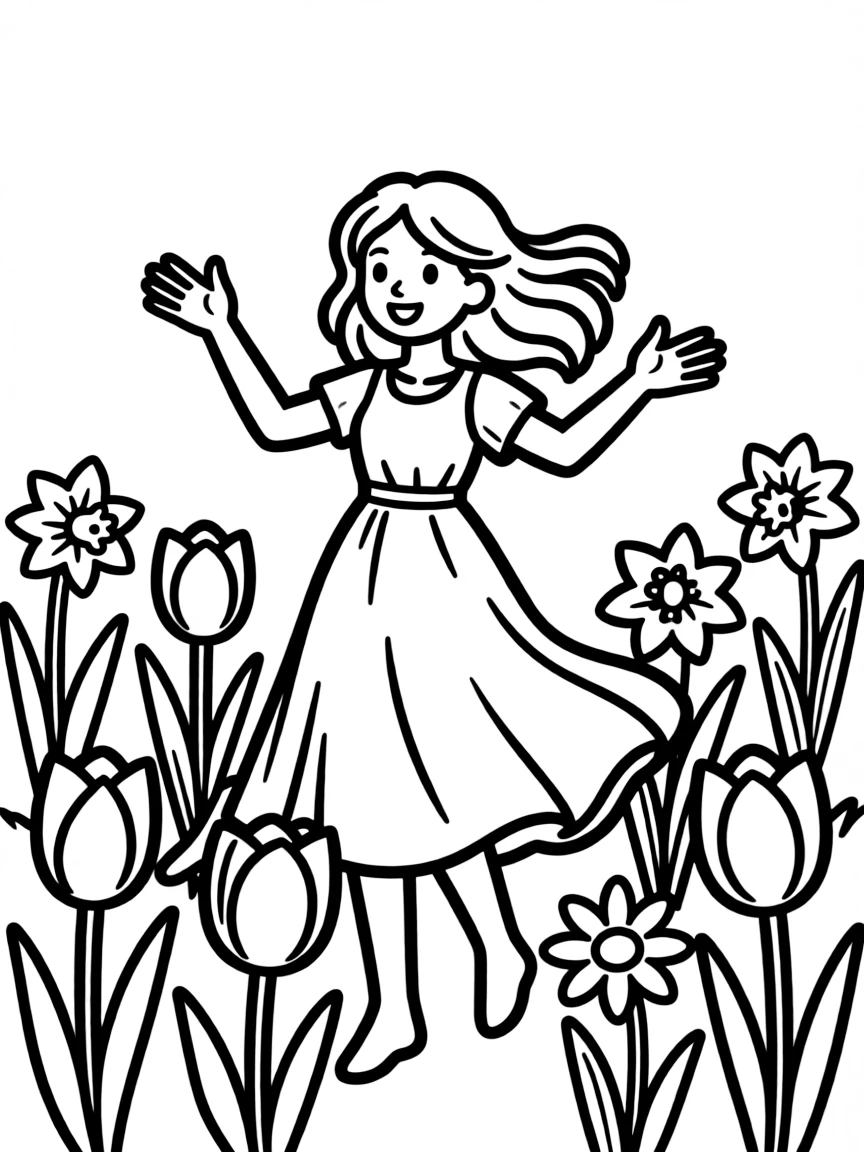 Persephone returning to the surface world with spring flowers blooming