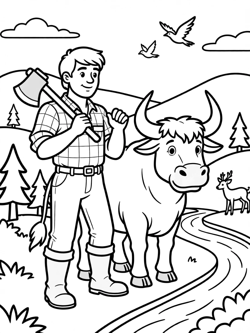 Paul Bunyan with Babe the Blue Ox creating landscapes