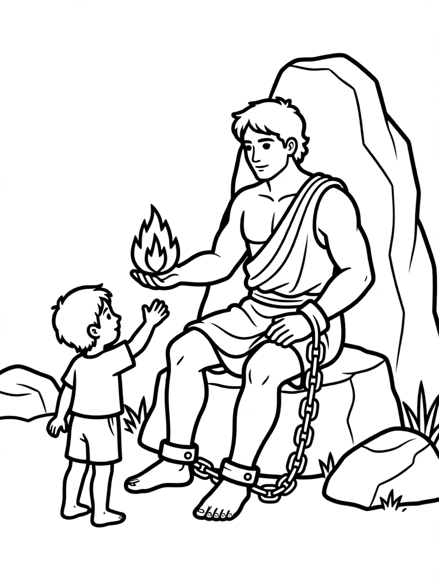 Prometheus giving fire to humanity while chained to a rock