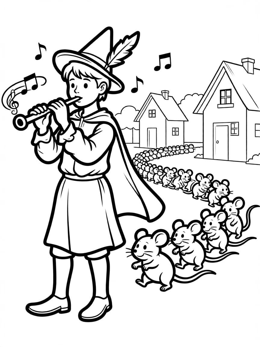 The Pied Piper leading rats away from Hamelin