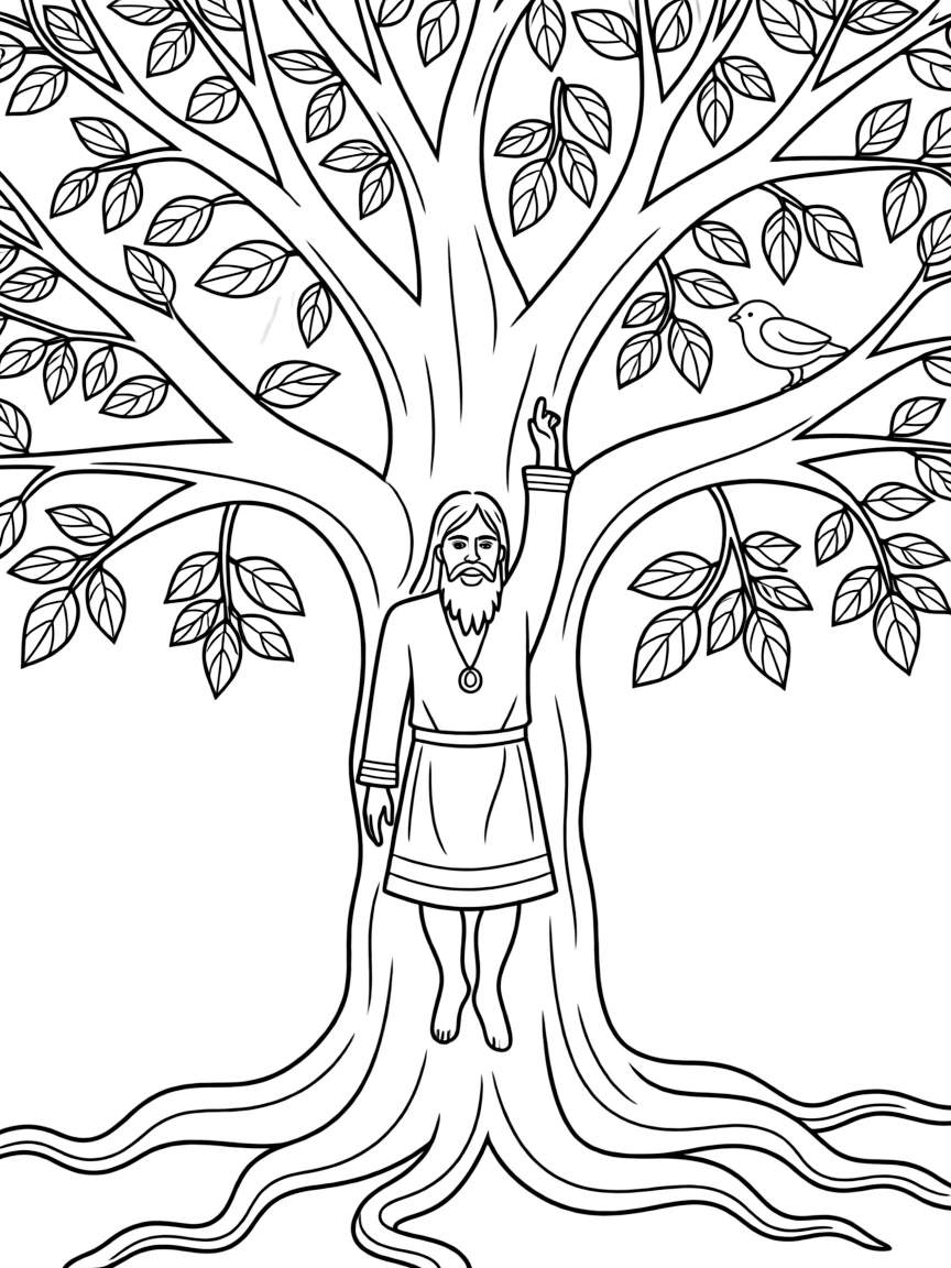 Odin sacrificing himself on Yggdrasil for wisdom