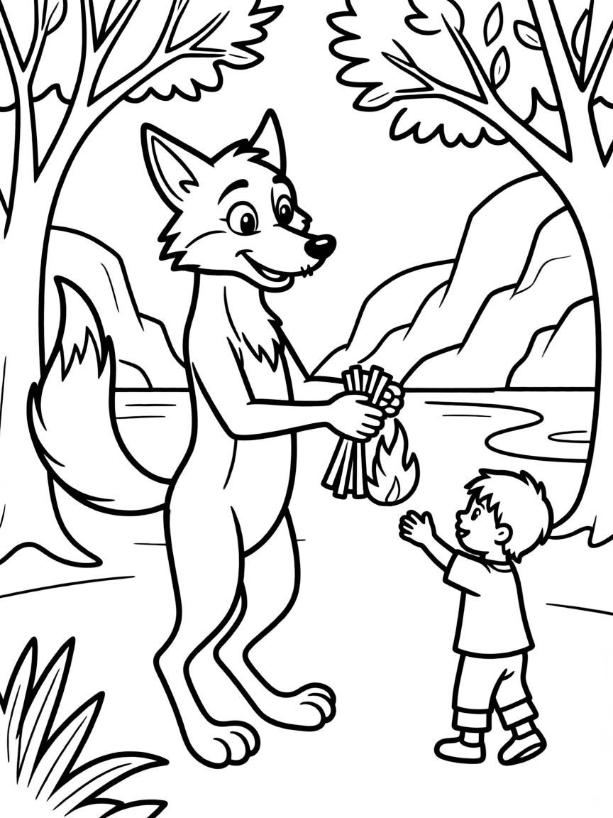 Coyote the trickster stealing fire for humanity