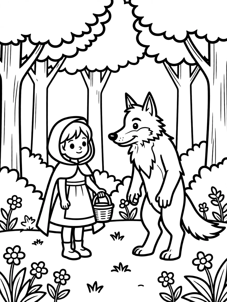 Little Red Riding Hood meeting the wolf in the forest