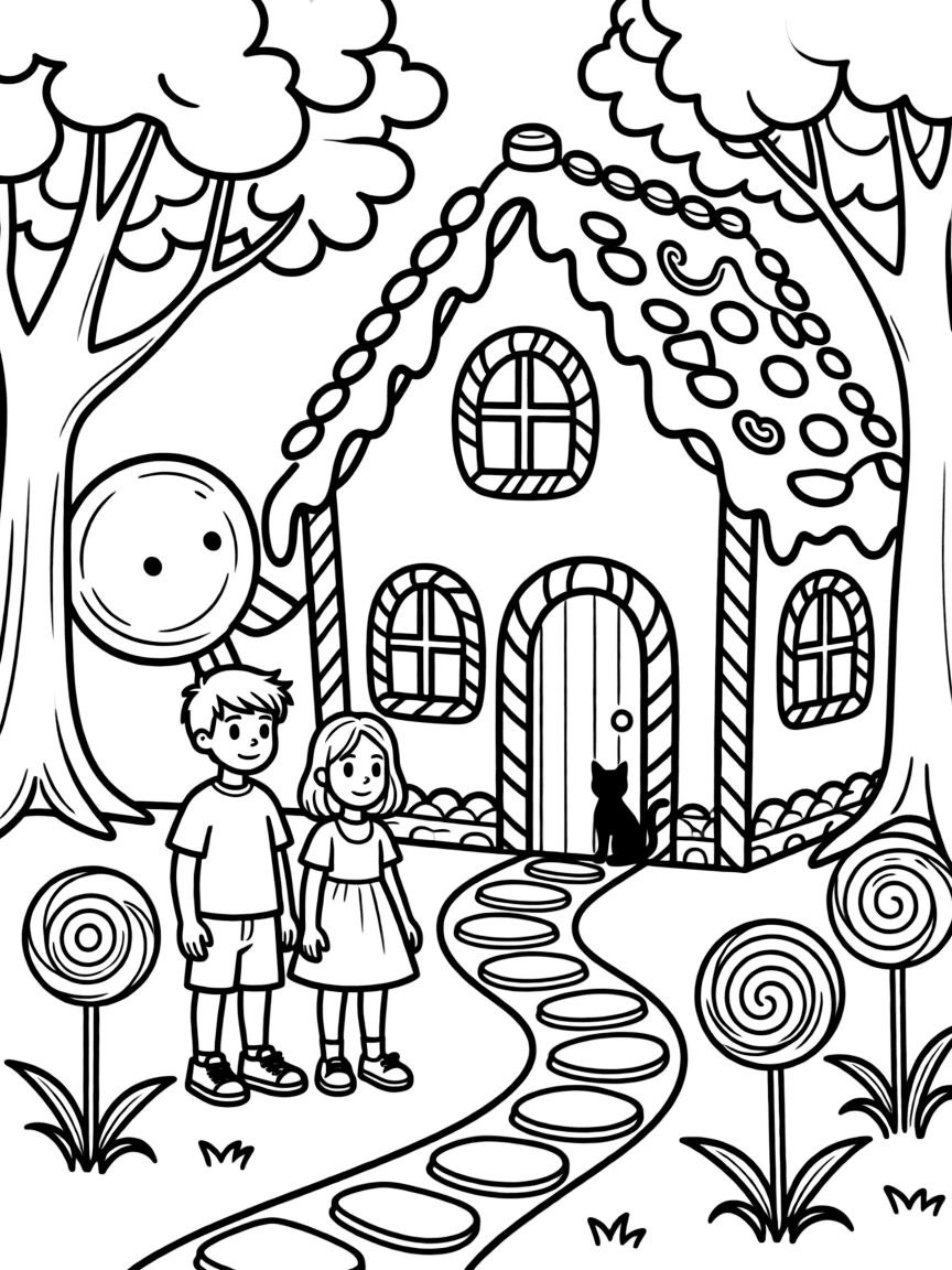 Hansel and Gretel finding the witch's candy house