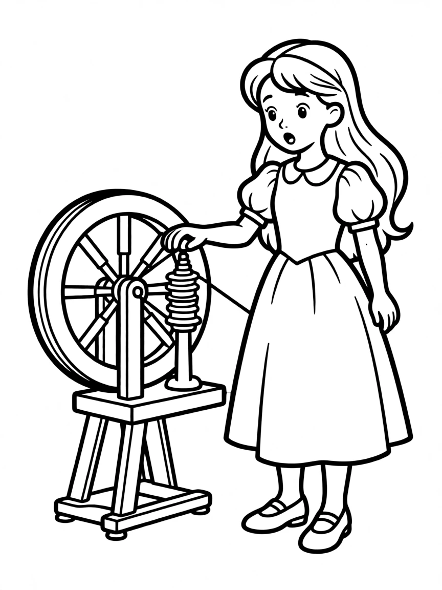 Sleeping Beauty pricking her finger on the spinning wheel