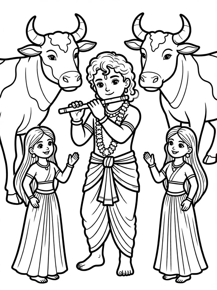 Krishna playing his flute with cows and gopis around him