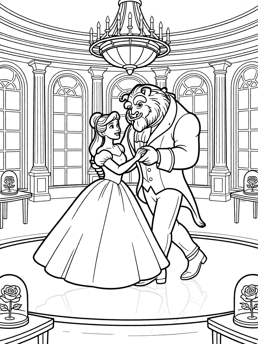 Beauty and the Beast dancing in the enchanted ballroom