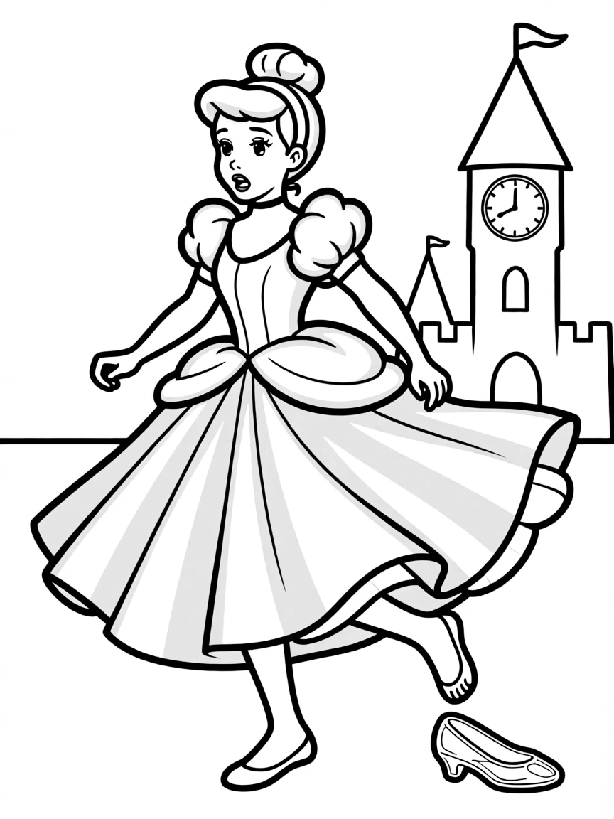 Cinderella at the stroke of midnight losing her glass slipper