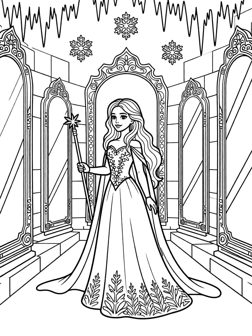 The Snow Queen in her ice palace with frozen mirrors