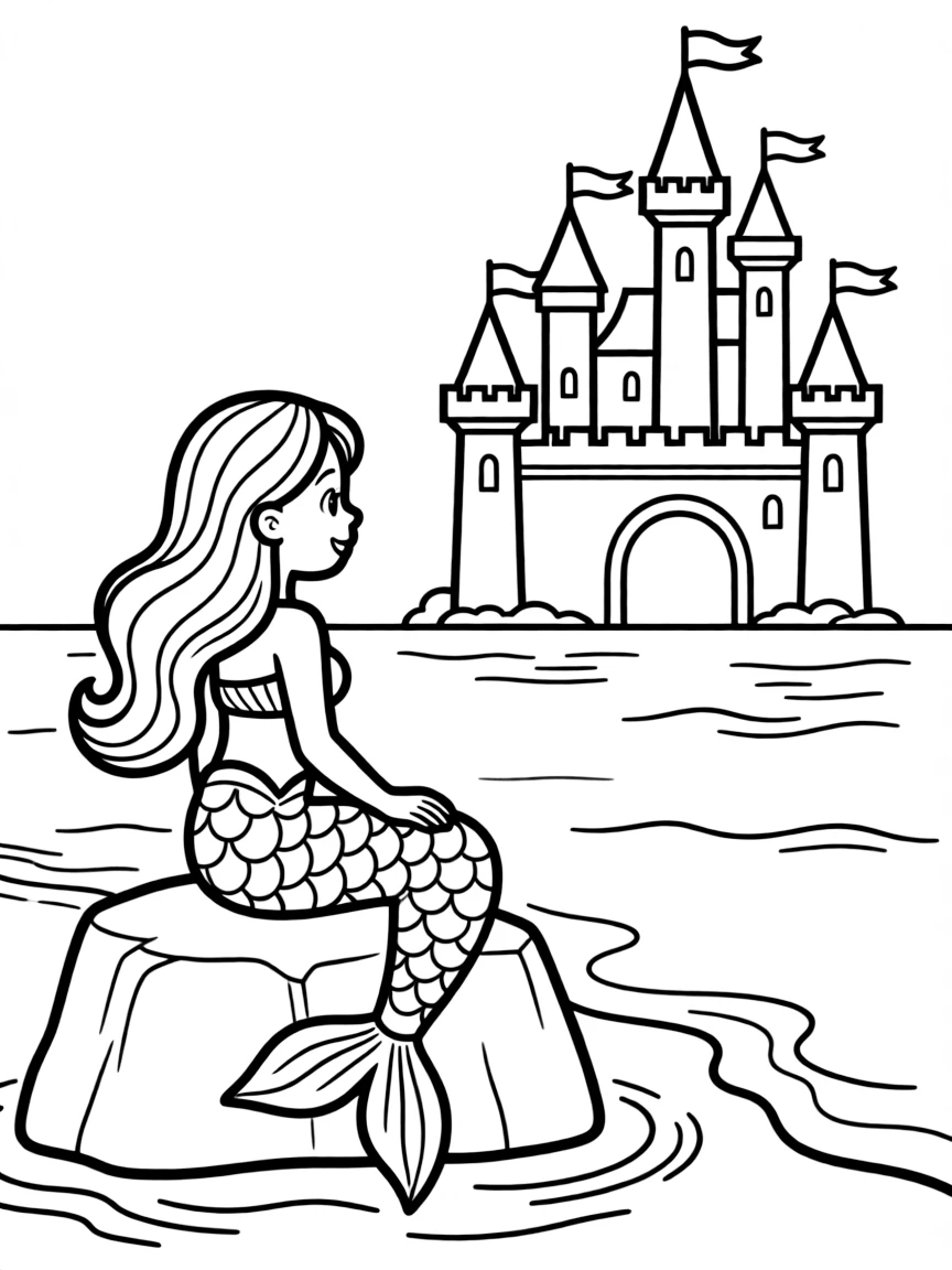 The Little Mermaid gazing at the prince's castle from a seaside rock