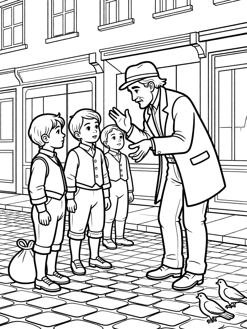 Fagin teaching orphans to pickpocket in Victorian London streets