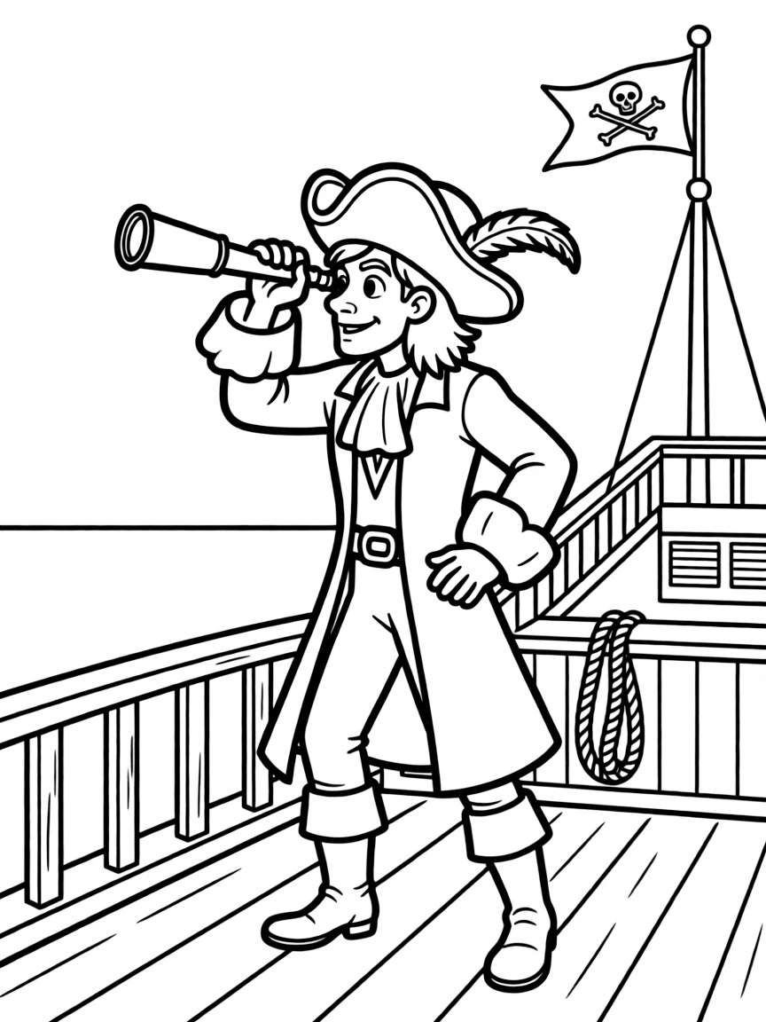 Captain Hook searching for Peter Pan with his telescope