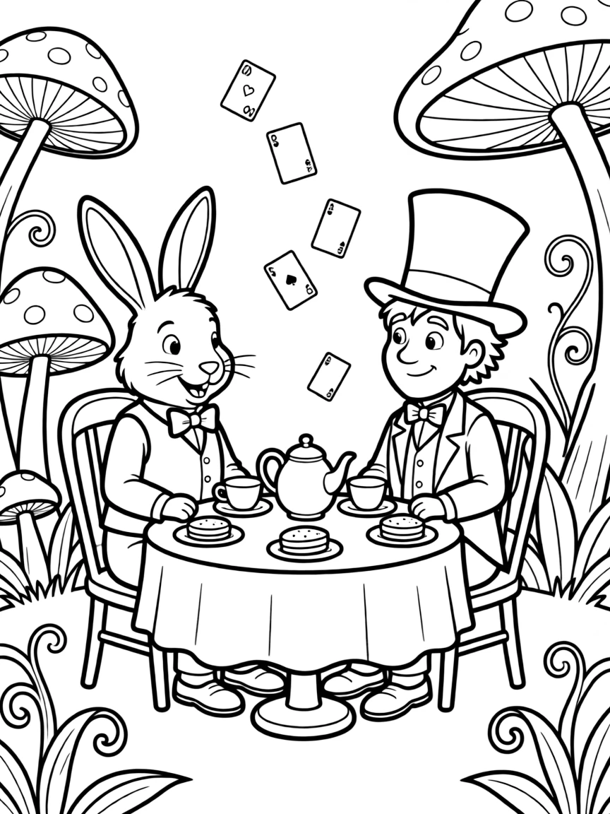 The March Hare and the Mad Hatter having tea in Wonderland