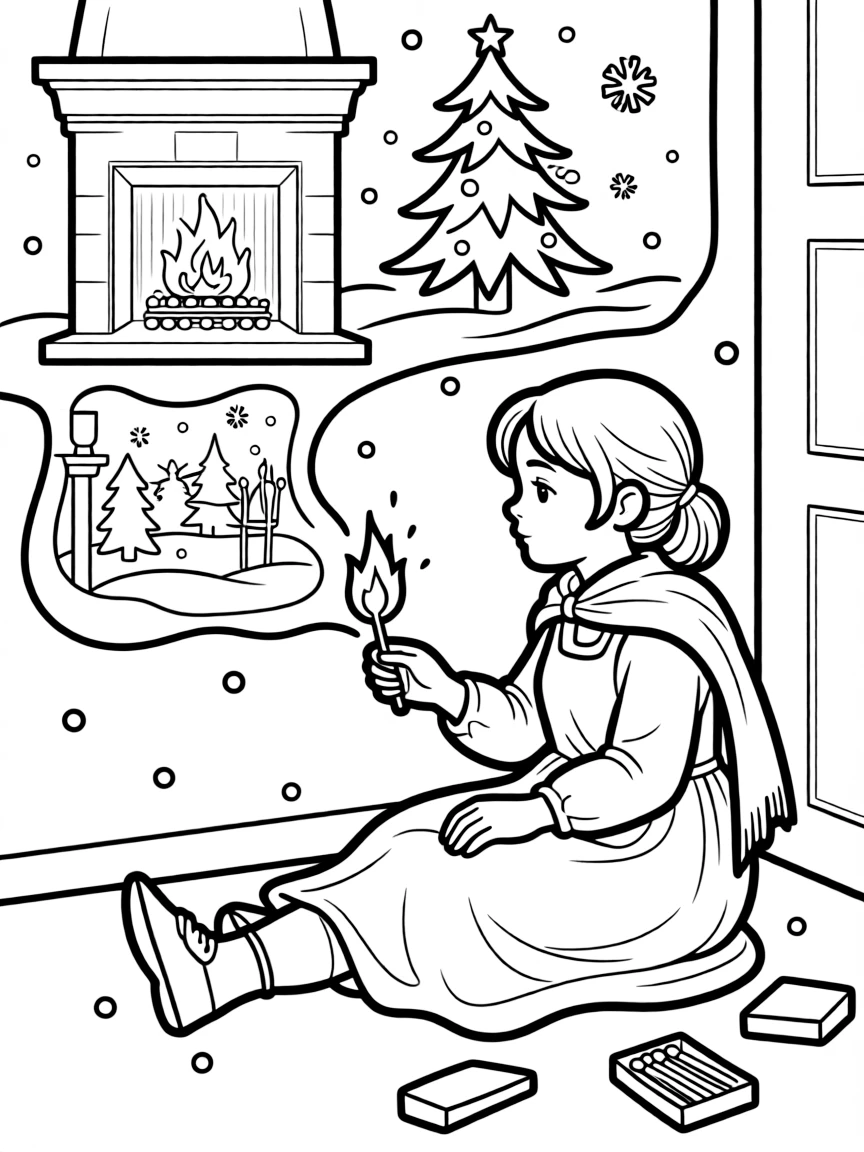 Hans Christian Andersen's Little Match Girl seeing visions in the flame
