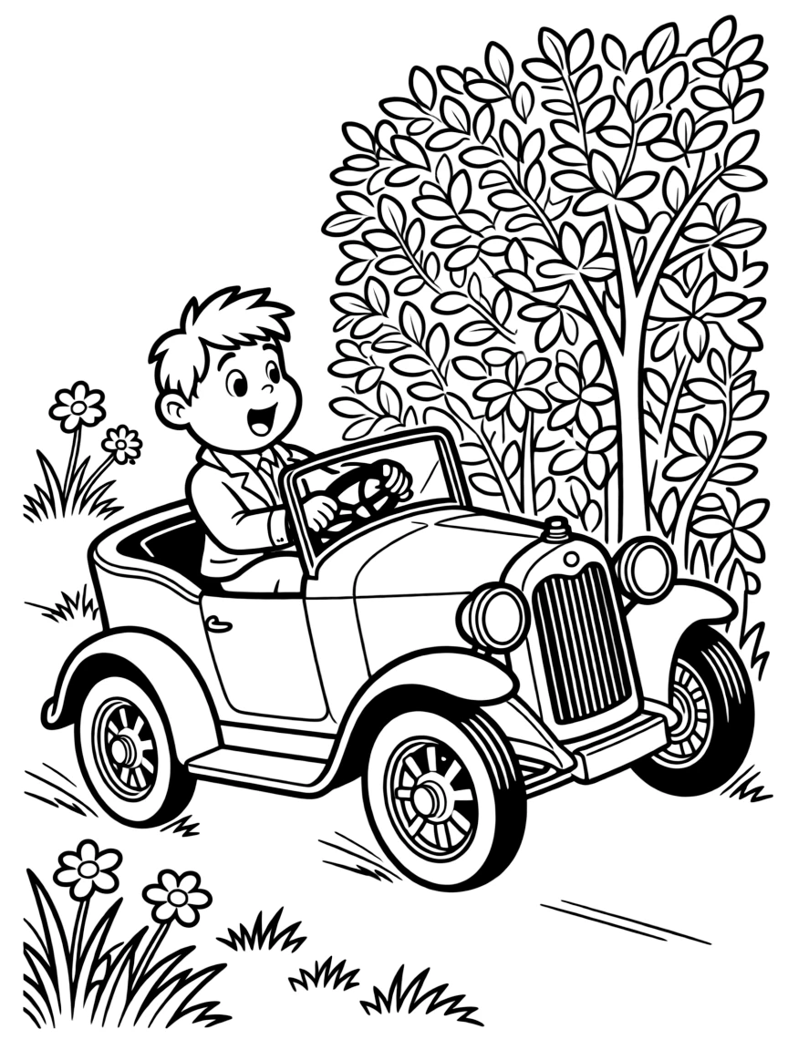 Toad of Toad Hall crashing his motorcar into a hedgerow