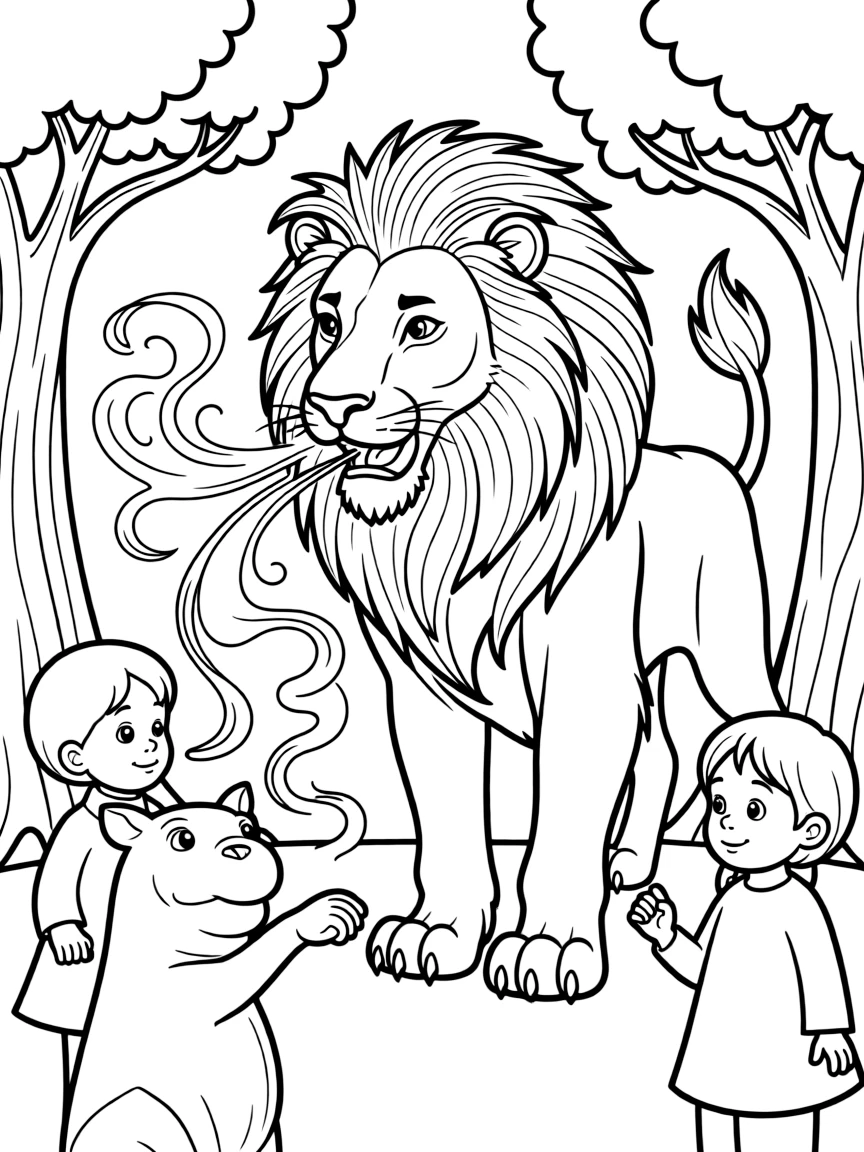 Aslan breathing life into stone statues in Narnia