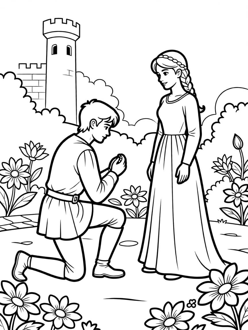 Sir Lancelot kneeling before Guinevere in Camelot's garden