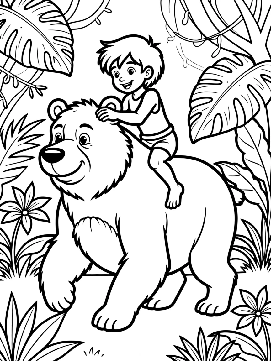 Mowgli riding on Baloo's shoulders in the jungle