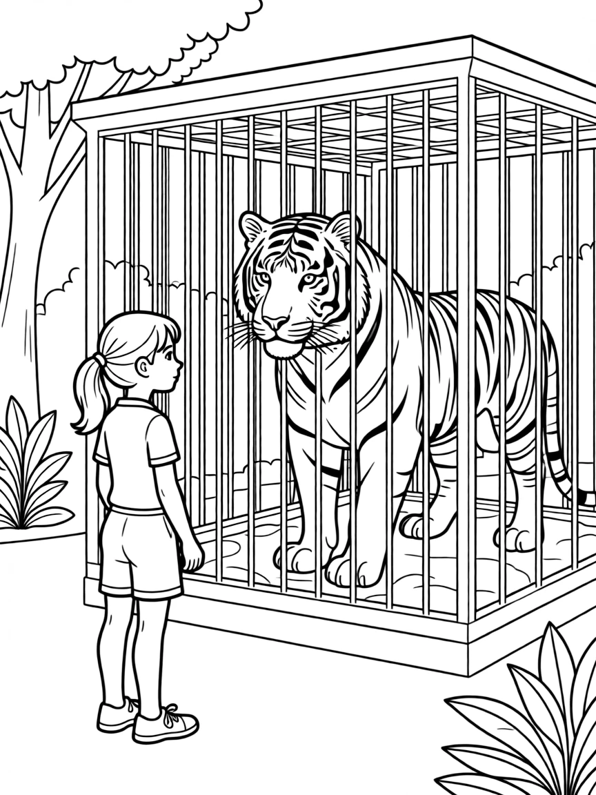 Madeline standing bravely at the tiger's cage in the zoo